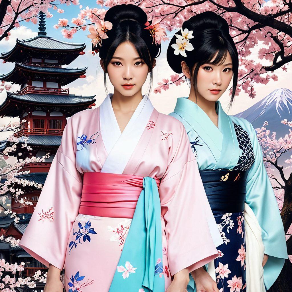 A vibrant collage depicting various aspects of Japanese adult media, including stylized characters in vivid traditional and modern costumes, intricate details of fetish and fantasy elements intertwined with iconic cultural symbols like cherry blossoms and pagodas. Incorporate a dreamy background of soft pastel colors to evoke an otherworldly ambience. Emphasize the contrast between light and shadow to create depth, and include subtle hints of digital art techniques. super-realistic. vibrant colors. soft focus.